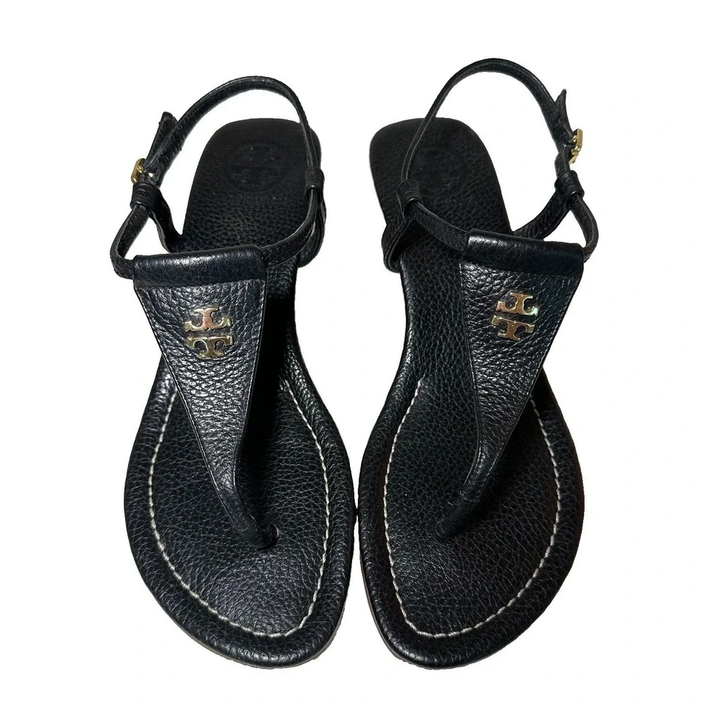 Tory Burch SIZE 7.5 Britton Black Leather Thong Wedge Sandals Cork Heels Logo